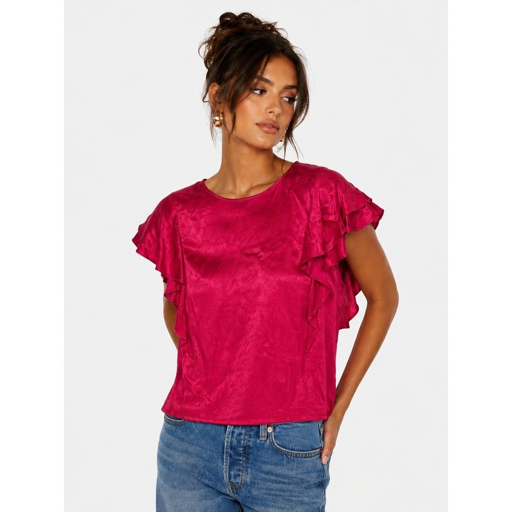 Nation LTD Magenta Pink Ruffle Cap Sleeve Rayon Blouse S Made in USA New NWOT